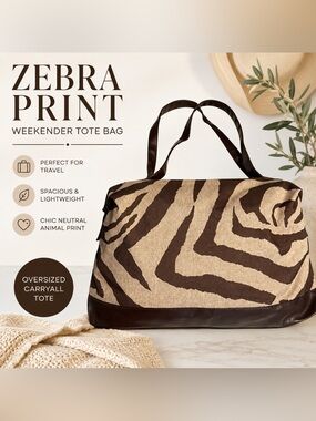 Brown Zebra Print Weekender Tote Bag | Oversized Travel Duffel Carryall